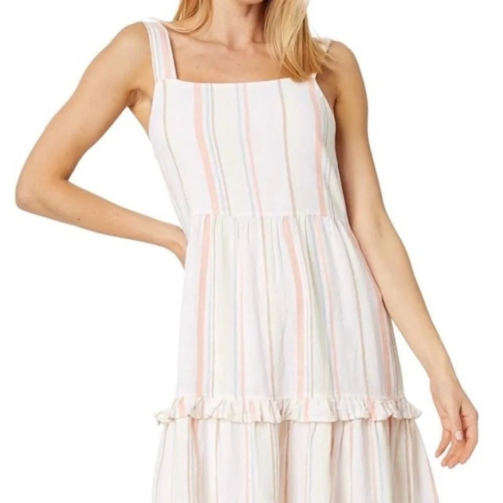 Bobi LA Square Neck Tiered -SZ M- Cream Multicolored Striped Linen Rayon Dress